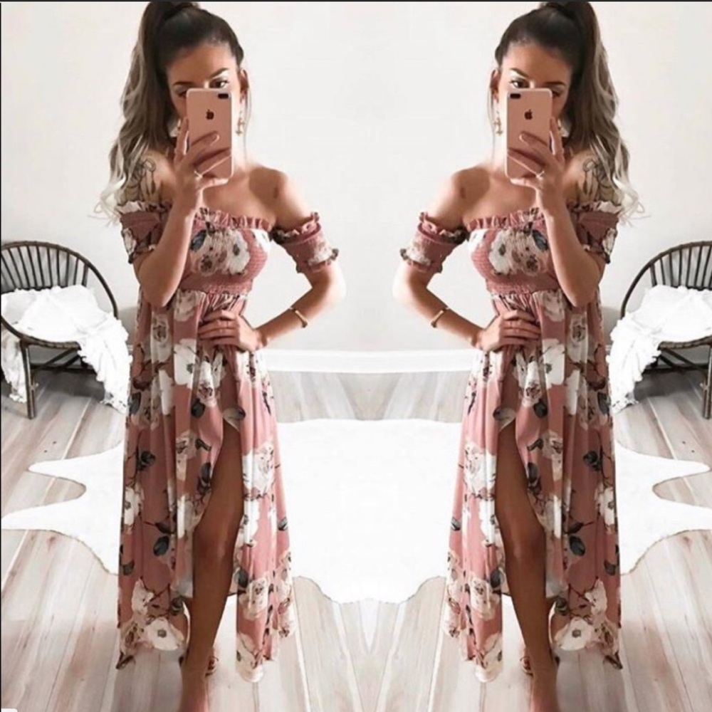 Boho Floral Off Shoulder Maxi Dress Rose Pink NWT